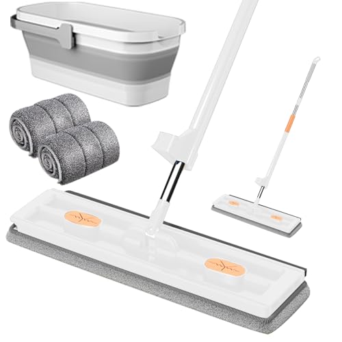 ACAREY Wischmopp Set Mit Eimer Bodenwischer Großer Flachmop Wischmopp Mit Auswringfunktion, 360° Drehgelenk Bodenwischer Wischmopp Set, Wischmob Großer Flachmop (Weiß Wischmopp Set mit Eimer) von ACAREY