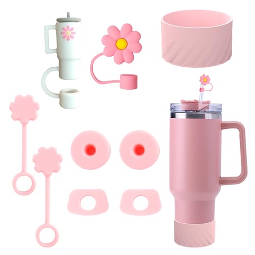 Zubehör Set für Stanley Cup, Accessories Enthält 6 Auslaufsicheren Silikonstopfen, 2 Abdeckkappen für Strohhalme mit 9–10mm Durchmesser,1 Silikonhülle, für 40 oz und 30 oz Stanley Cup (Rosa) von ACAREY