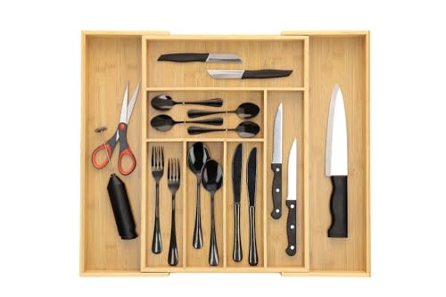 ACAZA Besteckkasten für Schubladen ausziehbar mit 7 bis 9 Fächern aus Bambus Holz, großer Schubladeneinsatz als Organizer in der Küche, Besteckeinsatz für Schubladen, 50 x 43 x 4.7 cm, von ACAZA