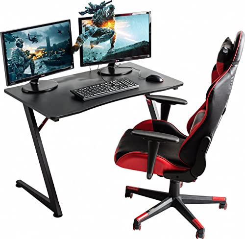 ACAZA Gaming Tisch, Schreibtisch für Gaming Laptop oder PC, Gamer Computertisch, verstellbare Tischbeine aus Stahl, ergonomische PVC Kohlefaser Tischplatte 108 x 60 cm, schwarz von ACAZA