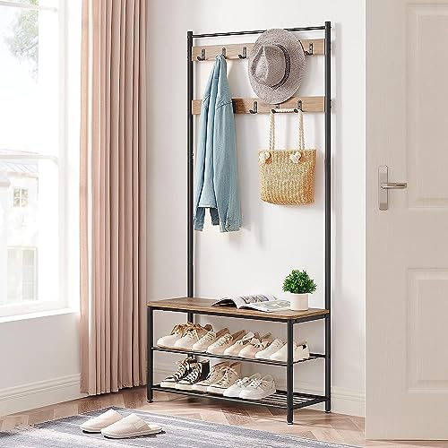 ACAZA 3-in-1 Garderobenständer mit Bank & Schuhregal – Flurmöbel aus Metall und Holz – Kleiderständer mit Sitzbank – 85 x 32 x 175cm - Eschenholz von ACAZA