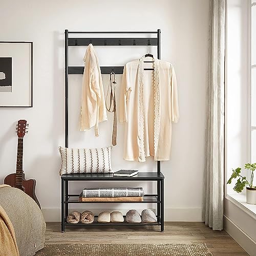 ACAZA 3-in-1 Garderobenständer mit Bank & Schuhregal – Flurmöbel aus Metall und Holz – Kleiderständer mit Sitzbank – 85 x 32 x 175cm - Schwarz von ACAZA