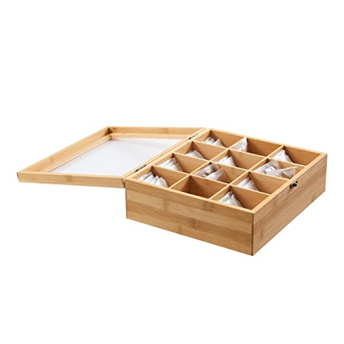 ACAZA Teebox Bambus, Tee-Aufbewahrungsbox mit transparentem Deckel, 12 Fächer, Bambusholz von ACAZA