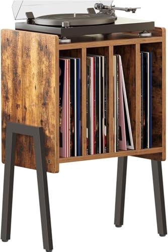 ACAZA Vinylmöbel Plattenspielertisch – Ständer für Plattenspieler und Schallplatten mit 4 Fächern – 66 x 40 x 30cm – Holz und Metall – (Vintage Braun) von ACAZA