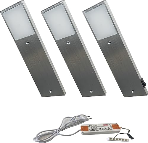 ACCE Aluminiumkörper LED Unterbauleuchte Küchen Möbel Schrank Leuchte Warmweiß oder Neutralweiß inkl Konverter ein Strahler mit Schalter (3ER, Neutralweiß) von ACCE