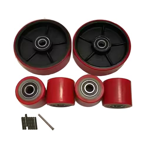 Palettenheber/Hubwagen Räder Komplettsatz 2 Lenkräder 160 x 50mm, 4 Frontlastrollen 70 x 60 mm Paletten Fixierer Rad Rotes PU mit Achsen Lager ID 20mm Tragfähigkeit 3000kg von ACCL