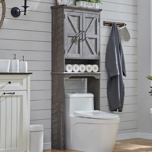 ACCOHOHO Toilettenschrank mit verstellbarem Regal und Scheunentür, 170,2 cm hoch über dem WC-Regal, graue Waschung von ACCOHOHO
