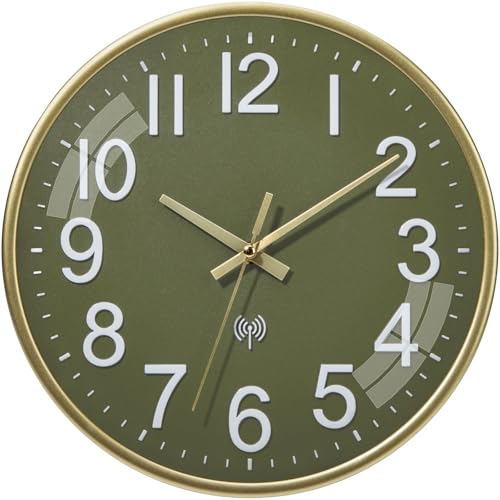 ACCSHINE Funkuhr Wand Ohne TickgeräUsche Lautlos 30cm Quarz Batterie Betriebene Groß Wanduhr Einfach zu Lesen für Zimmer Zuhause KüChe Schlafzimmer Büro Schule (Grün + Gold) von ACCSHINE
