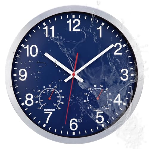 ACCSHINE Outdoor Wasserdicht Wanduhr Mit Thermometer und Hygrometer Anzeige Wanduhr Ohne TickgeräUsche Lautlos 30cm Quarz Batterie Betriebene Groß Deko Garten Wand Uhr (Blau) von ACCSHINE