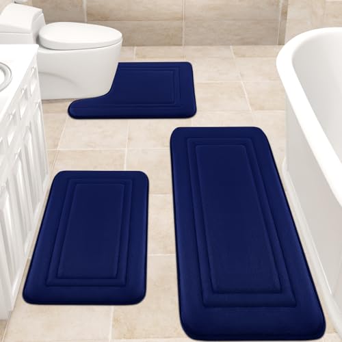 ACCUMTEK Badezimmerteppich-Set, Memory-Schaum, Samt, 3-teilig, ultraweich, rutschfest und saugfähig, WC-Vorleger, waschbar, dunkelblau, quadratisches Muster von ACCUMTEK