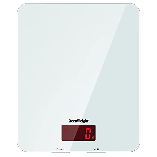 ACCUWEIGHT Digitale Küchenwaage aus Sicherheitsglas Digitalwaage mit LCD-Display und großer Wiegefläche Haushaltswaage bis zu 5kg, 1g Teilung, weiß, Tara-Funktion von ACCUWEIGHT