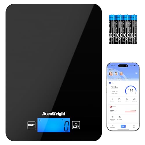ACCUWEIGHT Küchenwaage Bluetooth mit Nährwertrechner (mit 4 Batterien) Digitale Lebensmittelwaage bis zu 5 kg/11 lb mit großer LCD Anzeige Waage mit Kalorienzähler zum Kochen oder Abnehmen CK780 von ACCUWEIGHT