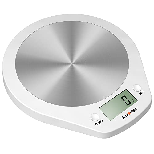 ACCUWEIGHT digitale Küchenwaage Haushaltswaage Digitalwaage Briefwaage mit großer Edelstahlplattform und LCD Display elektronische Waage, Abwiegen bis zu 5kg in 1g Schritt, weiß, Tara von ACCUWEIGHT