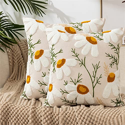 ACCZ Blumen Kissenbezüge Set mit 2 Kissenbezügen 45 x 45 cm Sommer Moderne Stickerei Dekorationskissenbezüge quadratisch weich Bauernhaus Kissenbezüge für Couch Sofa Bett von ACCZ