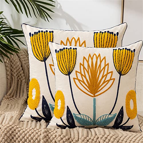 ACCZ Blumen Kissenbezüge Set mit 2 Kissenbezügen 45 x 45 cm Sommer Moderne Stickerei Dekorationskissenbezüge quadratisch weich Bauernhaus Kissenbezüge für Couch Sofa Bett von ACCZ