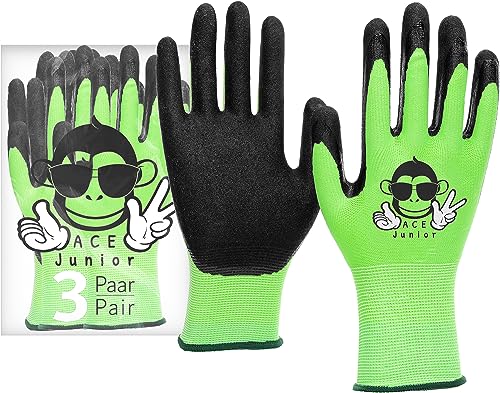 ACE Junior Arbeits-Handschuh für Kinder - 3 Paar Schutz-Handschuhe für die Garten-Arbeit - Grün - 5-6 Jahre (3er Pack) von ACE