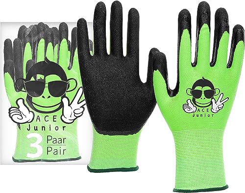 ACE Junior Arbeits-Handschuh für Kinder - 3 Paar Schutz-Handschuhe für die Garten-Arbeit - Grün - 9-10 Jahre (3er Pack) von ACE