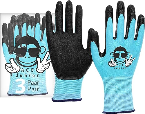 ACE Junior Arbeits-Handschuh für Kinder - 3 Paar Schutz-Handschuhe für die Garten-Arbeit - Blau - 5-6 Jahre (3er Pack) von ACE