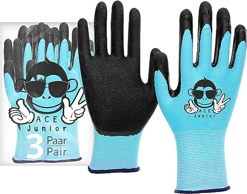 ACE Junior Arbeits-Handschuh für Kinder - 3 Paar Schutz-Handschuhe für die Garten-Arbeit - Blau - 9-10 Jahre (3er Pack) von ACE