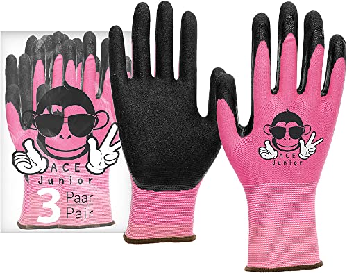 ACE Junior Arbeits-Handschuh für Kinder - 3 Paar Schutz-Handschuhe für die Garten-Arbeit - Pink - 5-6 Jahre (3er Pack) von ACE