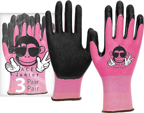 ACE Junior Arbeits-Handschuh für Kinder - 3 Paar Schutz-Handschuhe für die Garten-Arbeit - Pink - 7-8 Jahre (3er Pack) von ACE