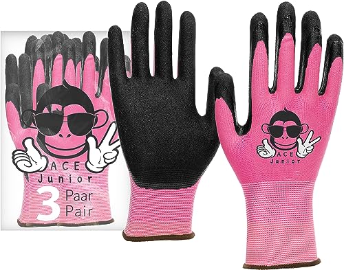 ACE Junior Arbeits-Handschuh für Kinder - 3 Paar Schutz-Handschuhe für die Garten-Arbeit - Pink - 9-10 Jahre (3er Pack) von ACE