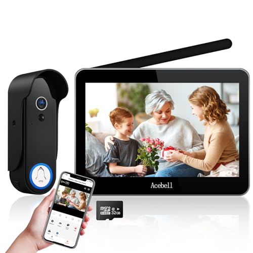 ACEBELL 1080P WiFi Video-Türsprechanlage, kabellos, mit 17,8 cm (7 Zoll) Touchscreen, wasserdicht, Türklingel, wiederaufladbarer Akku, Nachtsicht, PIR-Bewegungserkennung, App-Steuerung von ACEBELL