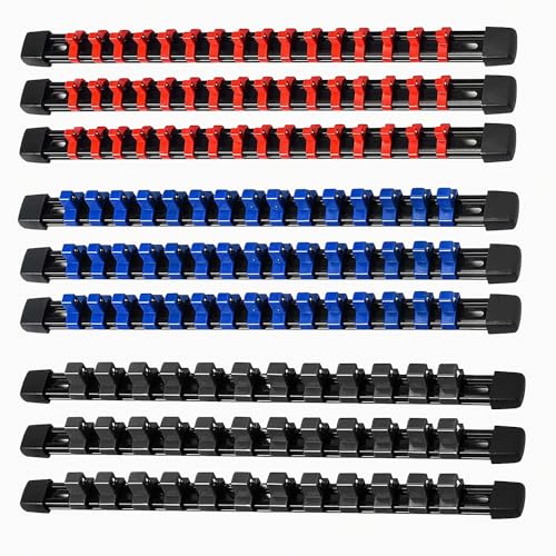 ACEBON 9-tlg Aufsteckschienen-Set für Steckschlüssel-Einsätze | mit 129 Clips | für Einsätze 6,3 mm (1/4"), 10 mm (3/8"), 12,5 mm (1/2"), Steckschlüssel-Organizer von ACEBON