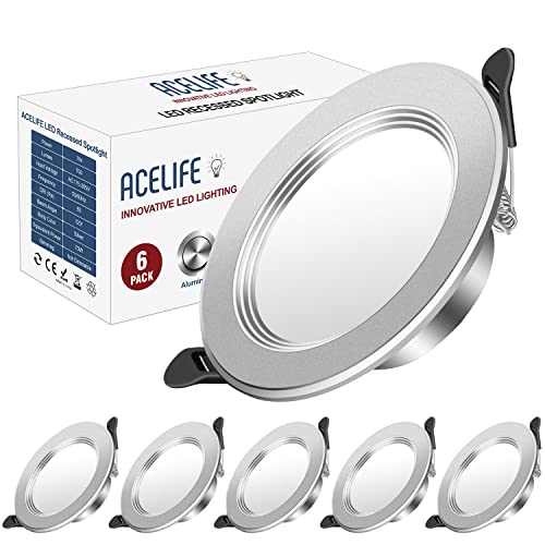 ACELIFE LED Einbaustrahler Flach, 7W Entspricht 70W, 230V 700LM Round Matt Aluminium Deckenstrahler, 75-95mm EinbauØ LED Spots, 35mm Einbautiefe Decken Spot - 6er Set - Kaltweißes 6000k von ACELIFE