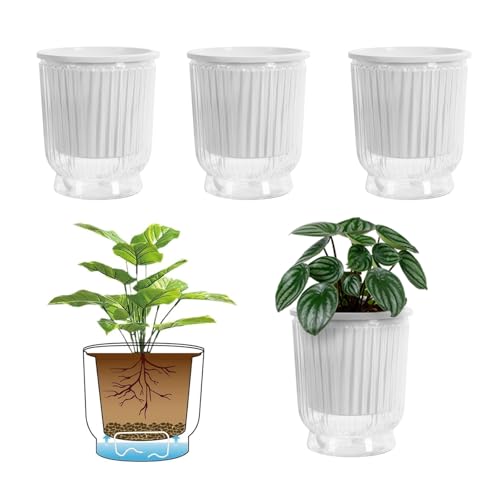 ACESOME 4 stücke Selbstbewässerungstopf Blumentöpfe mit Baumwollseil und Tiefem Wassertank, Küchenkräuter Blumentopf mit Bewässerungssystem, Pflanztopf für Zimmerpflanzen (Transparent, 12 x 14,5cm) von ACESOME ㅤ