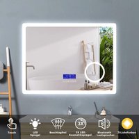 80 x 60 cm led Spiegel+Beschlagfrei+Bluetooth+3 Lichtfarben Dimmbar+Kosmetikspiegel+Farbtemperatur und Helligkeit Memory Funktion von ACEZANBLE