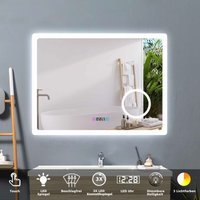 80 x 60 cm led Spiegel+Beschlagfrei+Uhr+3 Lichtfarben Dimmbar+Kosmetikspiegel+Farbtemperatur und Helligkeit Memory Funktion von ACEZANBLE