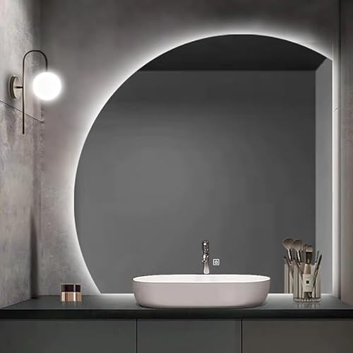 Mode Halbkreis LED Wandspiegel Für Badezimmer,Geformter Eitelkeitsspiegel,Unregelmäßiger Rahmenloser Smart Touch Spiegel,Dreifarbiges Licht,Helligkeit Einstellbar(Size:70cm,Color:Rechter Unterschnitt) von ACHZYFT