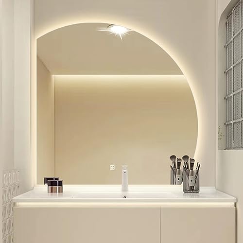 Mode Halbkreis LED Wandspiegel Für Badezimmer,Geformter Eitelkeitsspiegel,Unregelmäßiger Rahmenloser Smart Touch Spiegel,Dreifarbiges Licht,Helligkeit Einstellbar,(Size:50cm,Color:Linker Unterschnitt) von ACHZYFT
