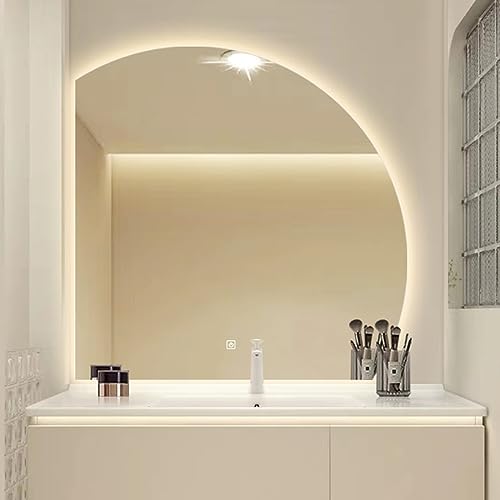 Mode Halbkreis LED Wandspiegel Für Badezimmer,Geformter Eitelkeitsspiegel,Unregelmäßiger Rahmenloser Smart Touch Spiegel,Dreifarbiges Licht,Helligkeit Einstellbar,(Size:70cm,Color:Linker Unterschnitt) von ACHZYFT