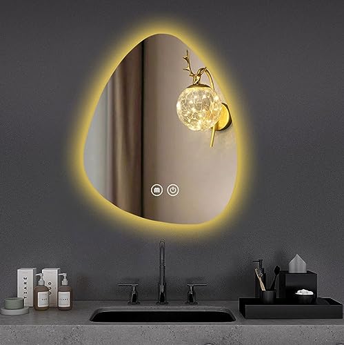 Smart LED Badspiegel, Unregelmäßiger Wandspiegel, LED Beleuchteter Eitelkeitsspiegel, Rahmenloser Dekorationsspiegel, 50x70cm, 60x80cm, HD, Explosionsgeschützt, D(Size:50cm*70cm,Color:Warmes Licht) von ACHZYFT