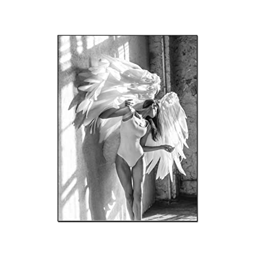 ACIDI Leinwandbild 60 * 90cm Engel Flügel PorträtSchwarz und Weiß Tänzerin Mädchen und für Gym Yoga Raum Poster Leinwand Wandkunst Bilder für Schlafzimmer Wandkunst Geschenke Dekor Kein Rahmen von ACIDI