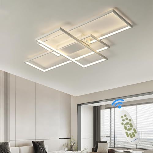 LED Wohnzimmer Deckenleuchte Schwarz Modern Wohnzimmerlampe Decke mit Fernbedienung, 3000k-6000k Geometrisch Multifunktional Deckenbeleuchtung （105cm，Weiß） von ACJK