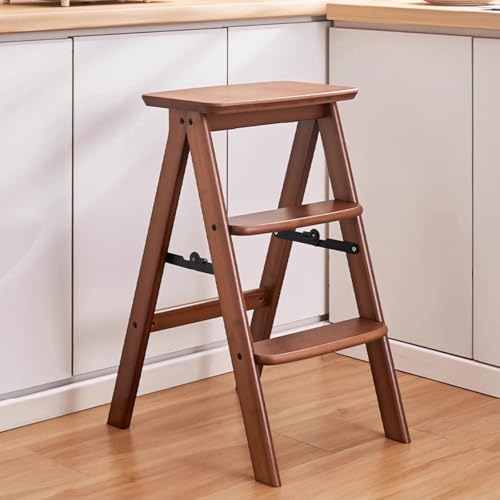 ACLFF Tritthocker 3 Stufen, Tritthocker Klappbar Trittstuhl, Hockerleiter Bis 180 kg, Trittleiter aus Bambusmaterial, Leiterstuhl für Bibliotheken oder Zuhause, Walnuss von ACLFF