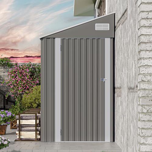1.2x2.4m Lean to Shed, Outdoor Storage Shed with Lockable Door and Vents, Metal Storage Shed with 6 Vents, Outside Garden Tool Shed for Backyard, Patio, Wall Side Design (Dark Grey) von ACLULION