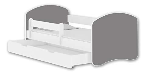 ACMA Jugendbett Kinderbett mit Einer Schublade mit Rausfallschutz und Matratze Weiß II 140 160 180 (140x70 cm + Schublade, Weiß - Grau) von ACMA