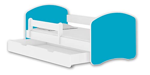 ACMA Jugendbett Kinderbett mit Einer Schublade mit Rausfallschutz und Matratze Weiß II 140 160 180 (160x80 cm + Schublade, Weiß - Blau) von ACMA