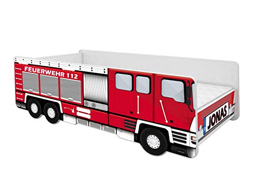 ACMA Kinderbett Auto-Bett Feuerwehr mit Rausfallschutz, Lattenrost und Matratze (140x70 + Name) von ACMA