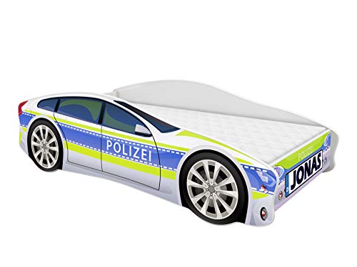 ACMA Kinderbett Auto-Bett Polizei mit Rausfallschutz, Lattenrost und Matratze (Polizei 1, 140x70 cm + Name) von ACMA