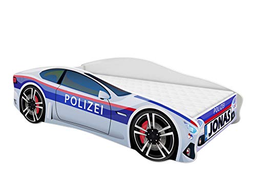 ACMA Kinderbett Auto-Bett Polizei mit Rausfallschutz, Lattenrost und Matratze (Polizei 3, 160x80 cm + Name) von ACMA