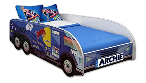 ACMA Kinderbett Autobett Lattenrost LKW Truck Schlafzimmer Kindermöbel Spielbett 140 x 70 cm 160 x 80 cm (140x70 cm ohne Matratze, 08 + Name) von ACMA