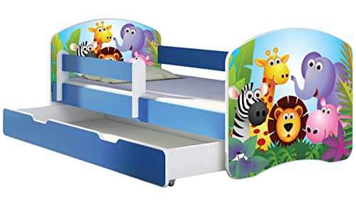 ACMA Kinderbett Jugendbett mit Einer Schublade und Matratze Blau mit Rausfallschutz Lattenrost II 140x70 160x80 180x80 (01 Zoo, 180x80 + Bettkasten) von ACMA