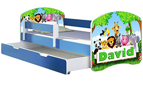 ACMA Kinderbett Jugendbett mit Einer Schublade und Matratze Blau mit Rausfallschutz Lattenrost II 140x70 160x80 180x80 (01 Zoo Name, 160x80 + Bettkasten) von ACMA