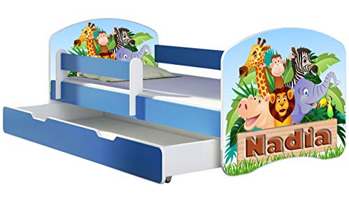 ACMA Kinderbett Jugendbett mit Einer Schublade und Matratze Blau mit Rausfallschutz Lattenrost II 140x70 160x80 180x80 (02 Animals Name, 140x70 + Bettkasten) von ACMA