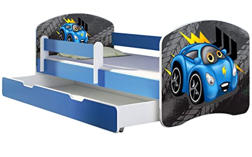 ACMA Kinderbett Jugendbett mit Einer Schublade und Matratze Blau mit Rausfallschutz Lattenrost II 140x70 160x80 180x80 (04 Blaue Auto, 160x80 + Bettkasten) von ACMA